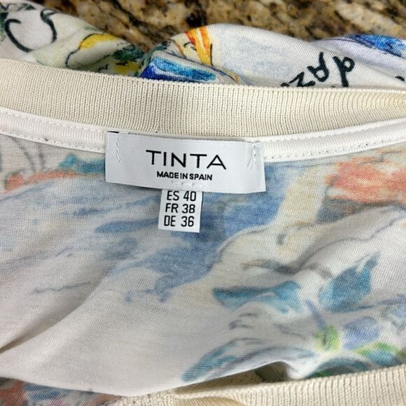 TINTA Lamia Knit V Neck French Sketch Tie Side T- Shirt Off White/Multi Size M - Picture 3 of 8